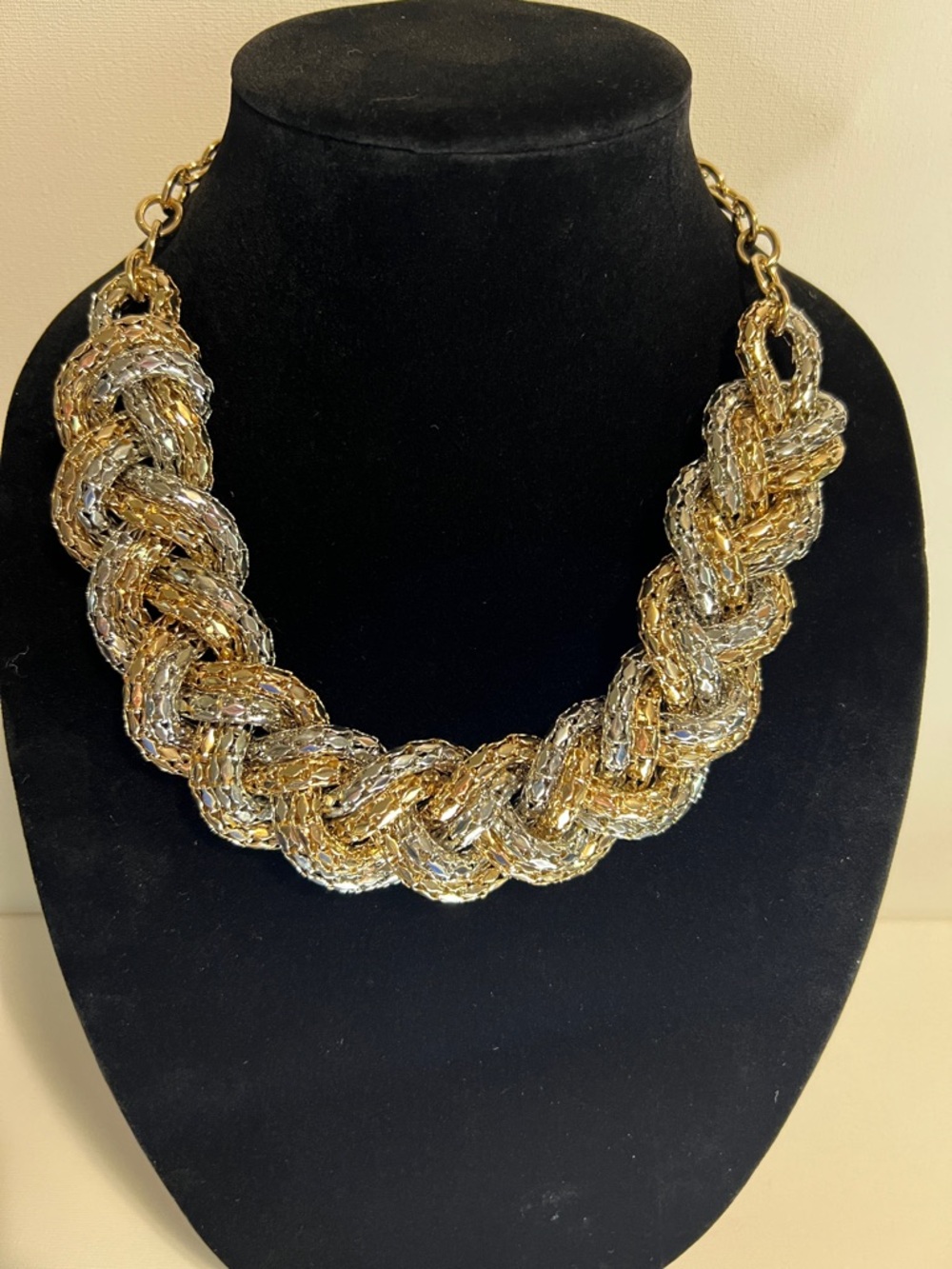 Gold and Silver Braided Rope Chain Statement Necklace Vintage Retro Jewelry